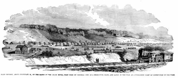 Camp Dennison near Cincinnati, Ohio. Etching by Frank Leslie, 1862. Leslie's Weekly Illustrated.